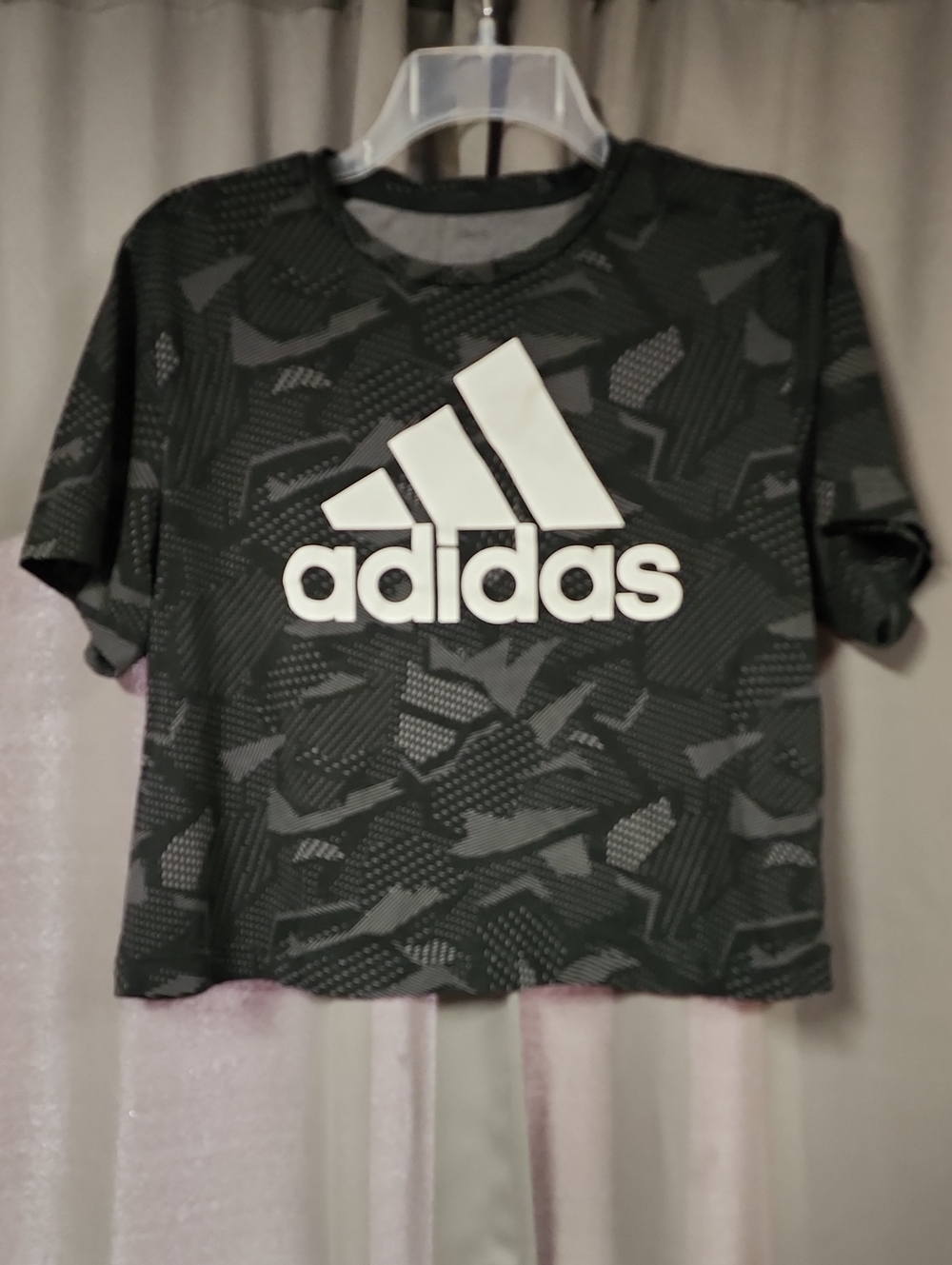adidas Black & Gray Camouflage Crop Tee with White Logo